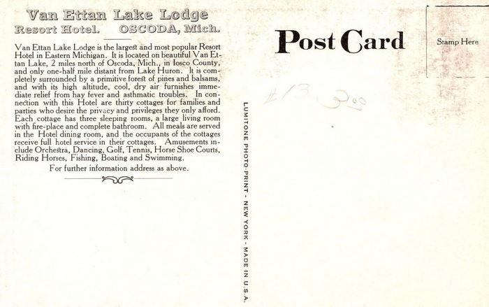 Van Ettan Lake Lodge (Van Etten Lake Lodge) - Postcard Back For Van Ettan Lodge (newer photo)